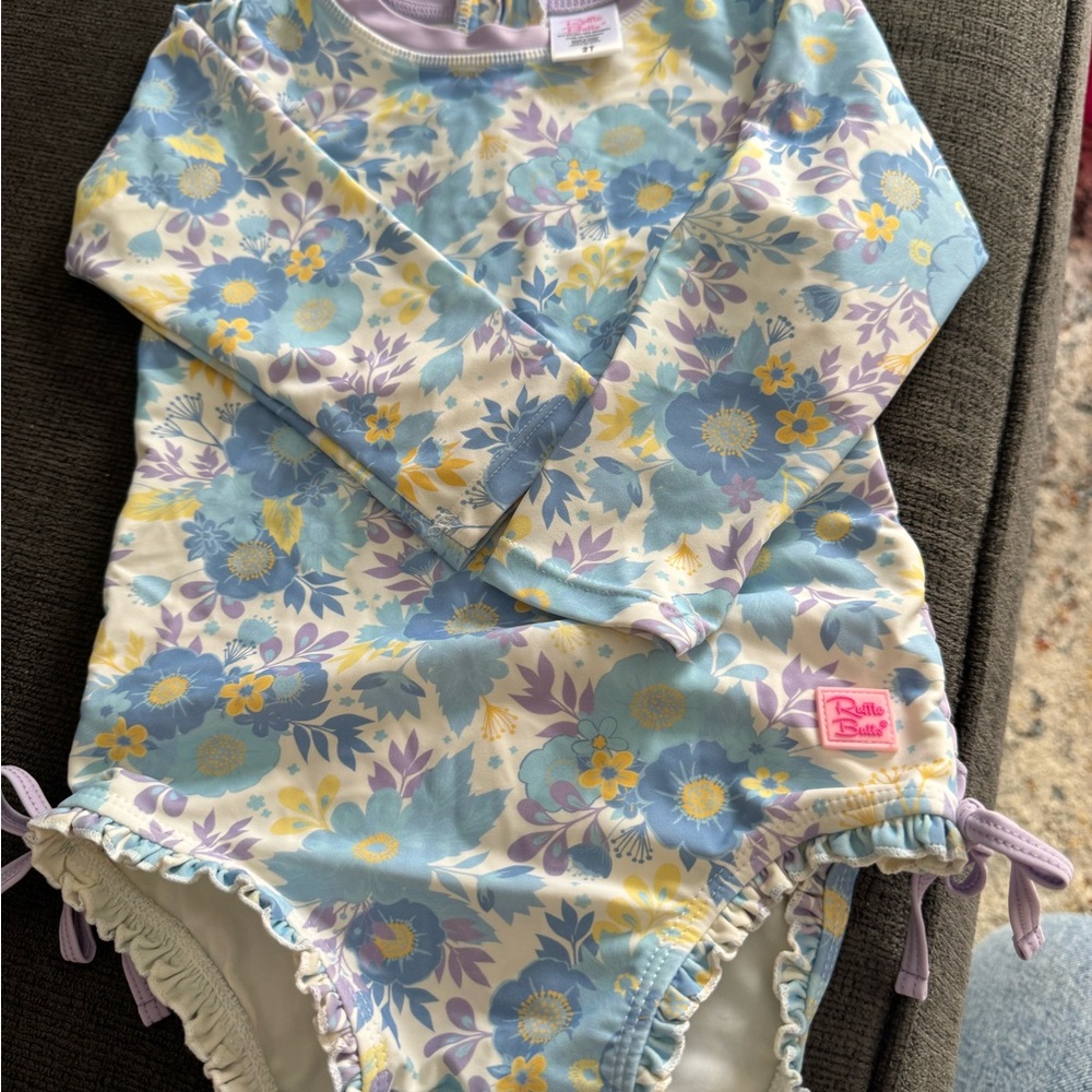 Ruffle Butts Floral Kids Swim One Piece - Blue, Yellow, and Purple